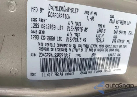 2003 Dodge Grand Caravan El z USA, uszkodzony, nr VIN 2D4GP34L93R201215